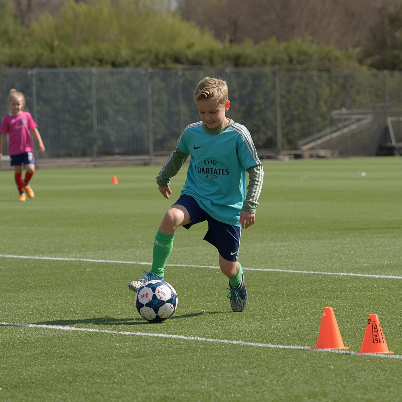 Chłopiec trenujący z pachołkami