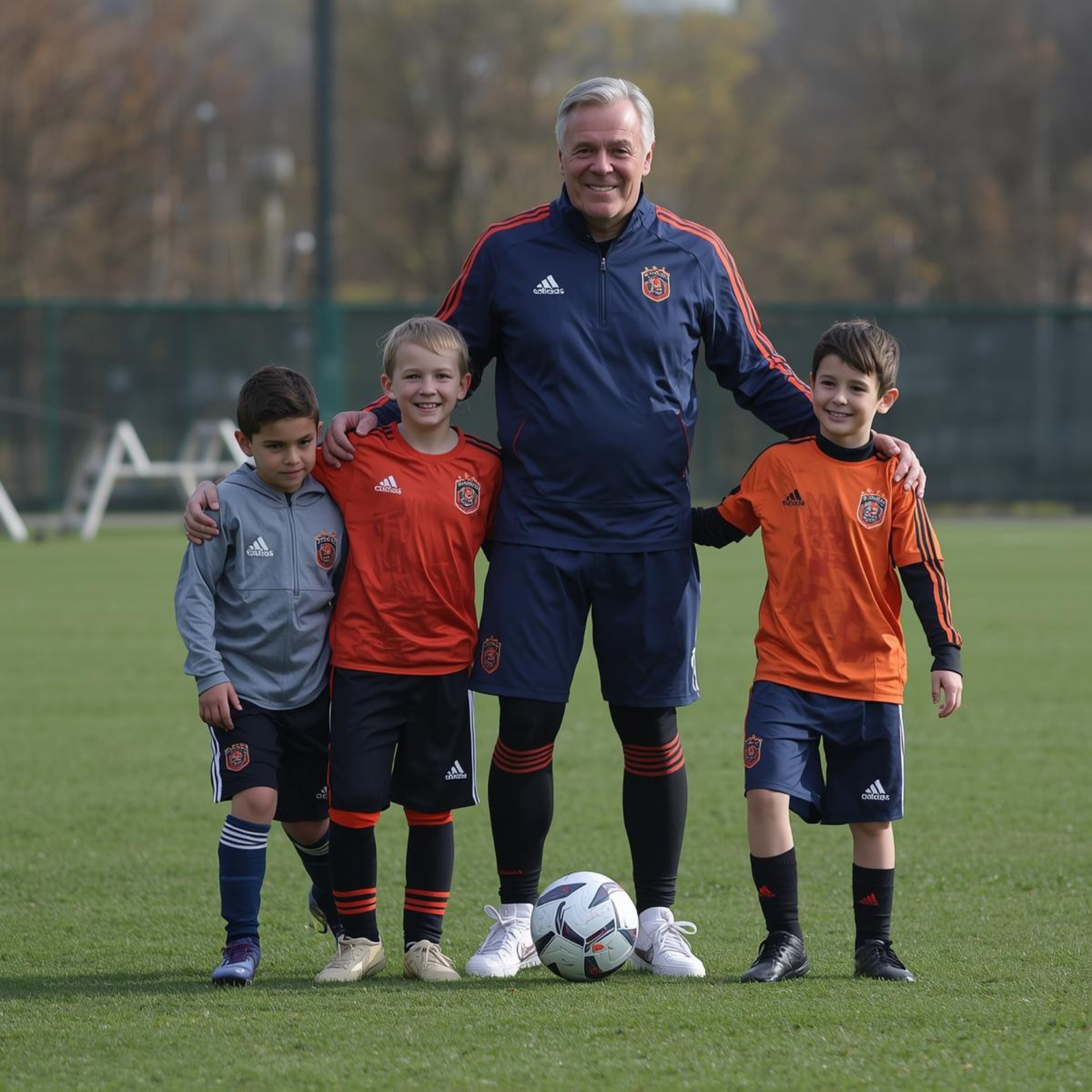 Trener z trójką młodych piłkarzy